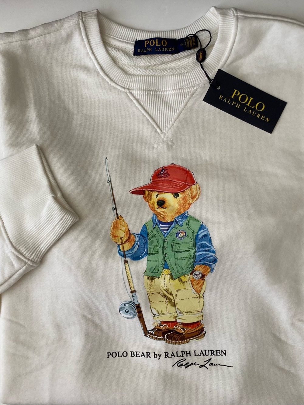 Polo Ralph Lauren Fishing Bear Sweatshirt White Cotton Long Sleeve Crewneck